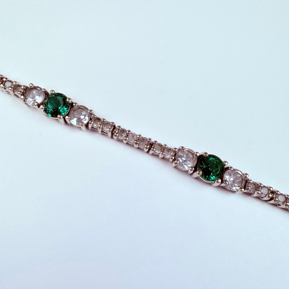Art Deco Revival Emerald and Topaz Glass 925 Sterling Silver Tennis Bracelet - Picture 8 of 11